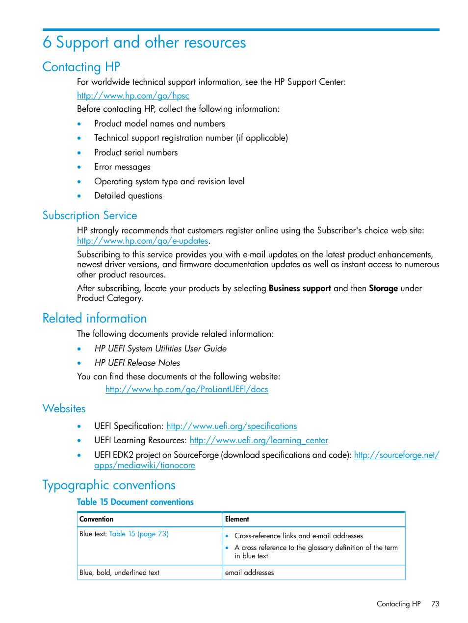 6 support and other resources, Contacting hp, Subscription service | Related information, Websites, Typographic conventions | HP Unified Extensible Firmware Interface User Manual | Page 73 / 79