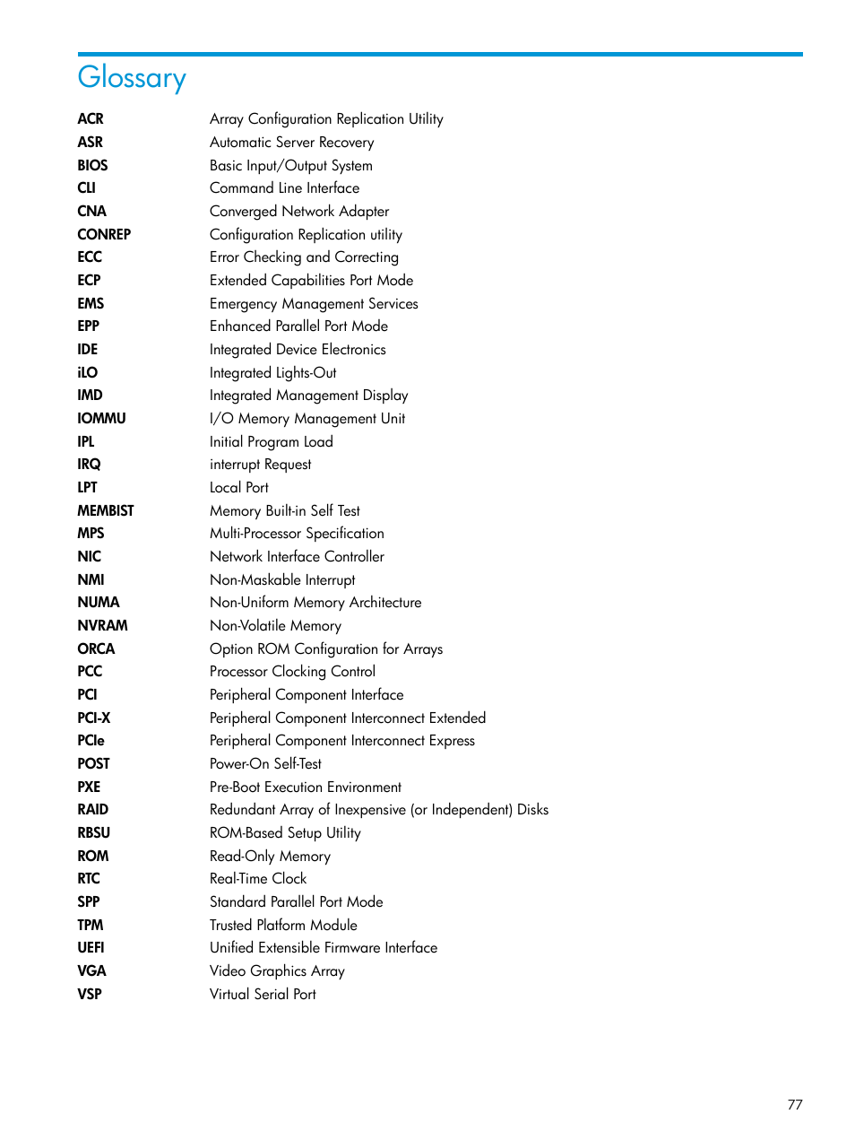 Glossary | HP Unified Extensible Firmware Interface User Manual | Page 77 / 79