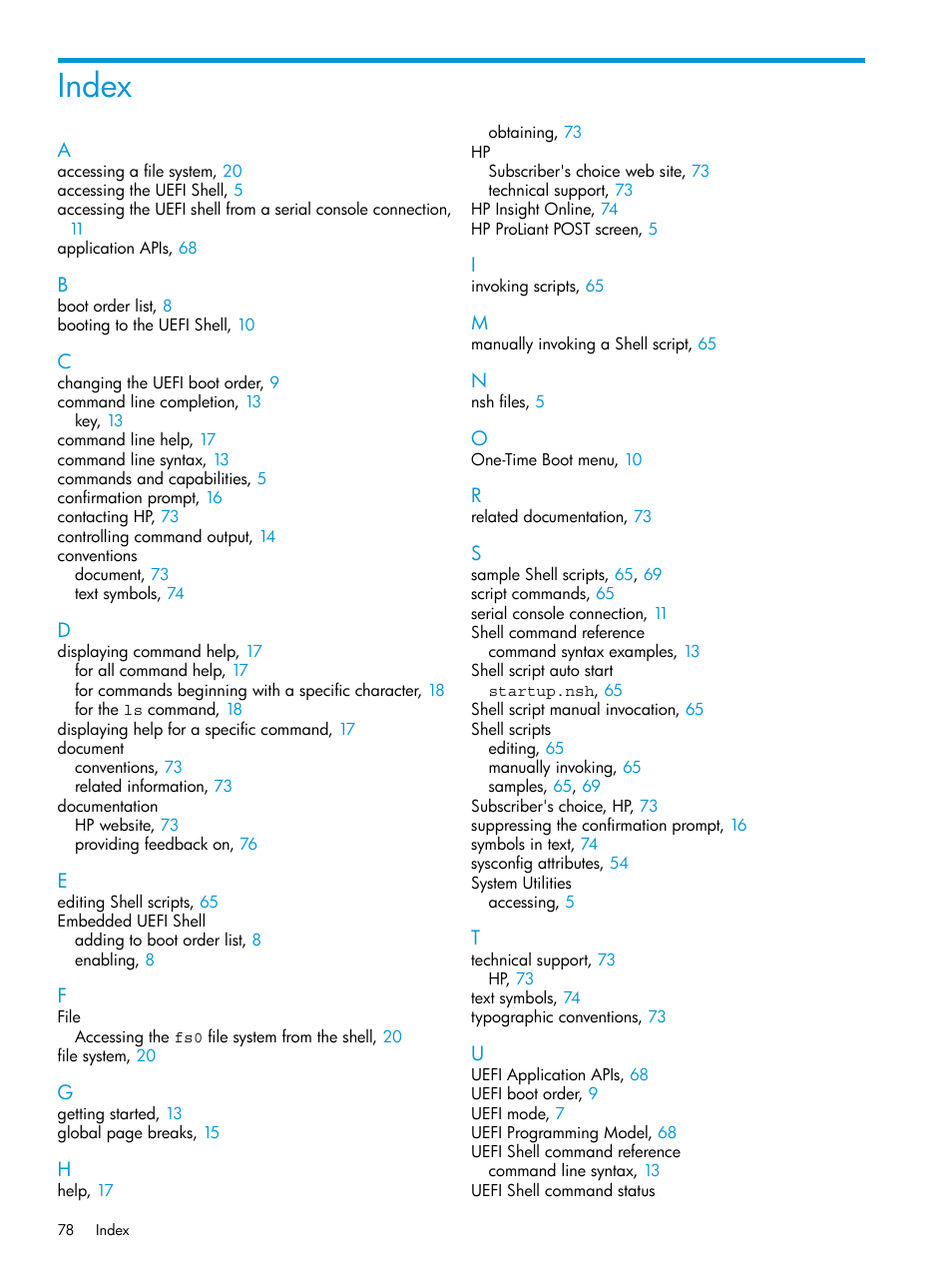 Index | HP Unified Extensible Firmware Interface User Manual | Page 78 / 79