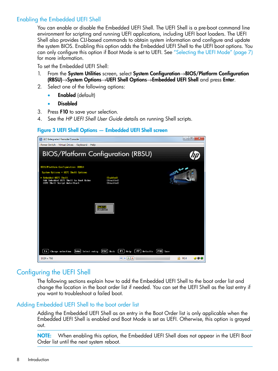 Enabling the embedded uefi shell, Configuring the uefi shell, Adding embedded uefi shell to the boot order list | Enabling the embedded | HP Unified Extensible Firmware Interface User Manual | Page 8 / 79