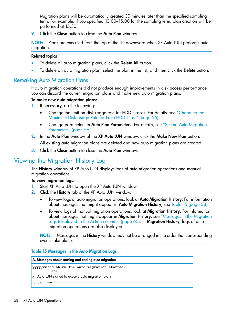 Remaking auto migration plans, Viewing the migration history log, Remaking auto migration | HP StorageWorks XP Remote Web Console Software User Manual | Page 58 / 80