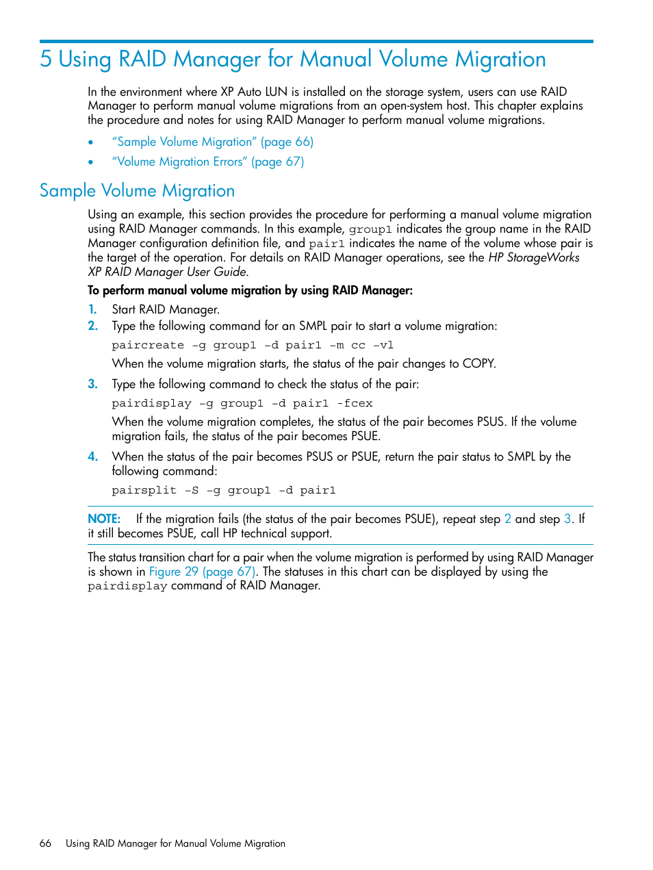 5 using raid manager for manual volume migration, Sample volume migration | HP StorageWorks XP Remote Web Console Software User Manual | Page 66 / 80