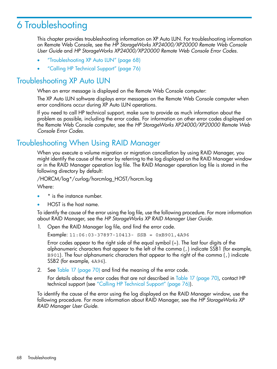 6 troubleshooting, Troubleshooting xp auto lun, Troubleshooting when using raid manager | HP StorageWorks XP Remote Web Console Software User Manual | Page 68 / 80