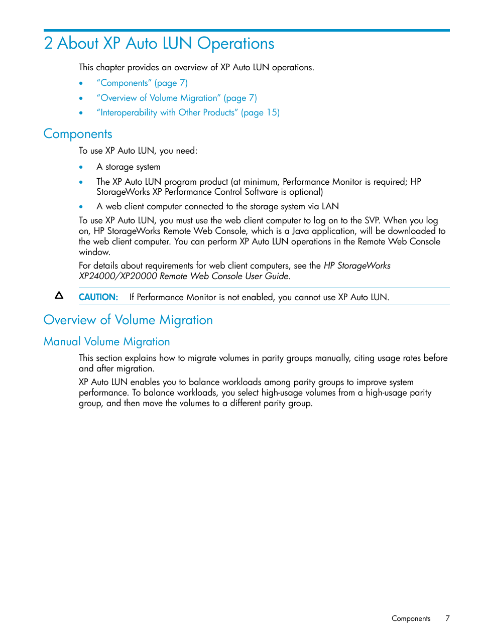 2 about xp auto lun operations, Components, Overview of volume migration | Manual volume migration, Components overview of volume migration | HP StorageWorks XP Remote Web Console Software User Manual | Page 7 / 80