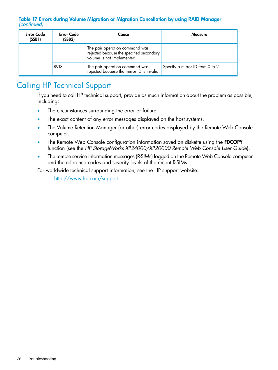 Calling hp technical support | HP StorageWorks XP Remote Web Console Software User Manual | Page 76 / 80