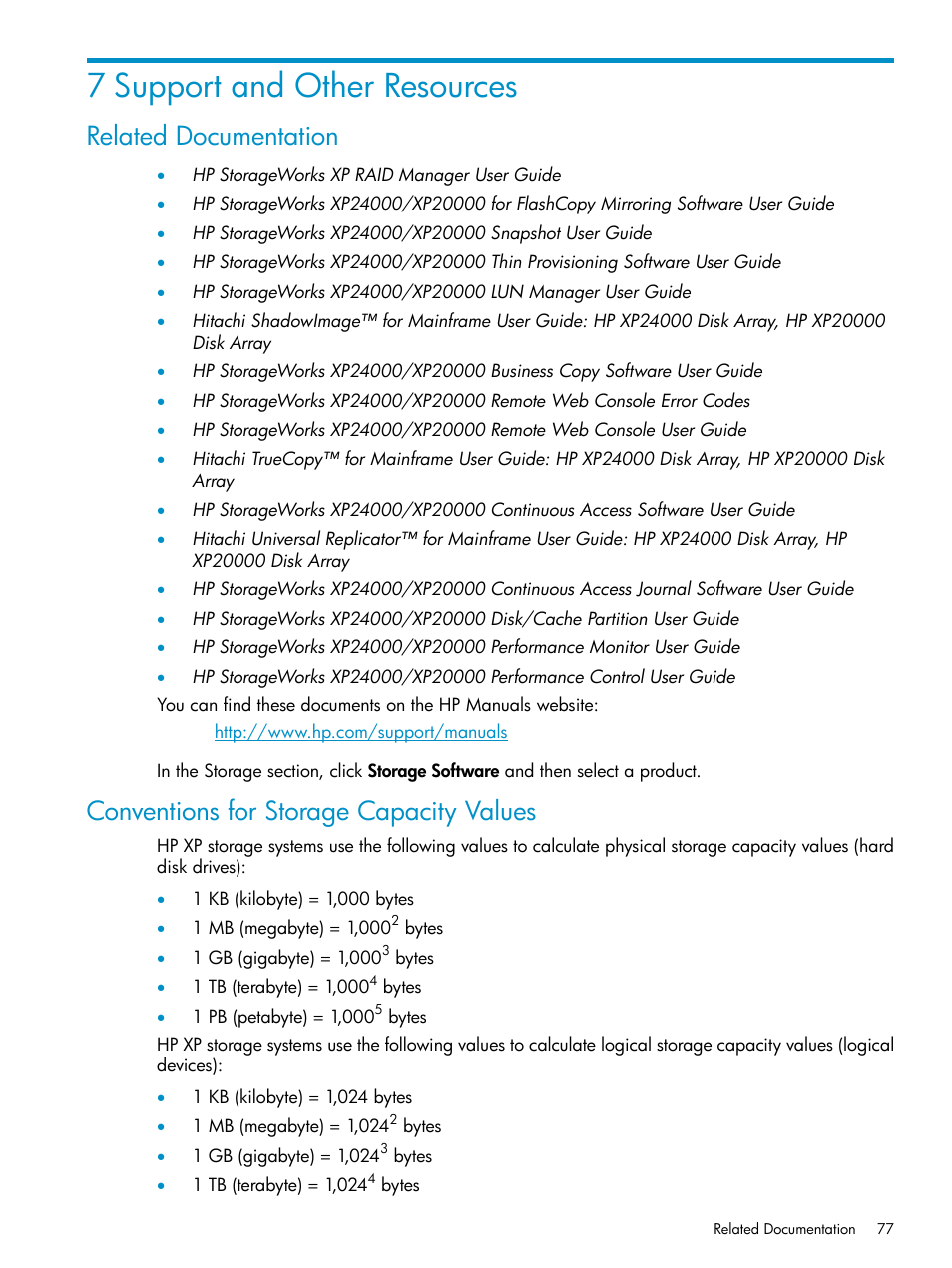 7 support and other resources, Related documentation, Conventions for storage capacity values | HP StorageWorks XP Remote Web Console Software User Manual | Page 77 / 80