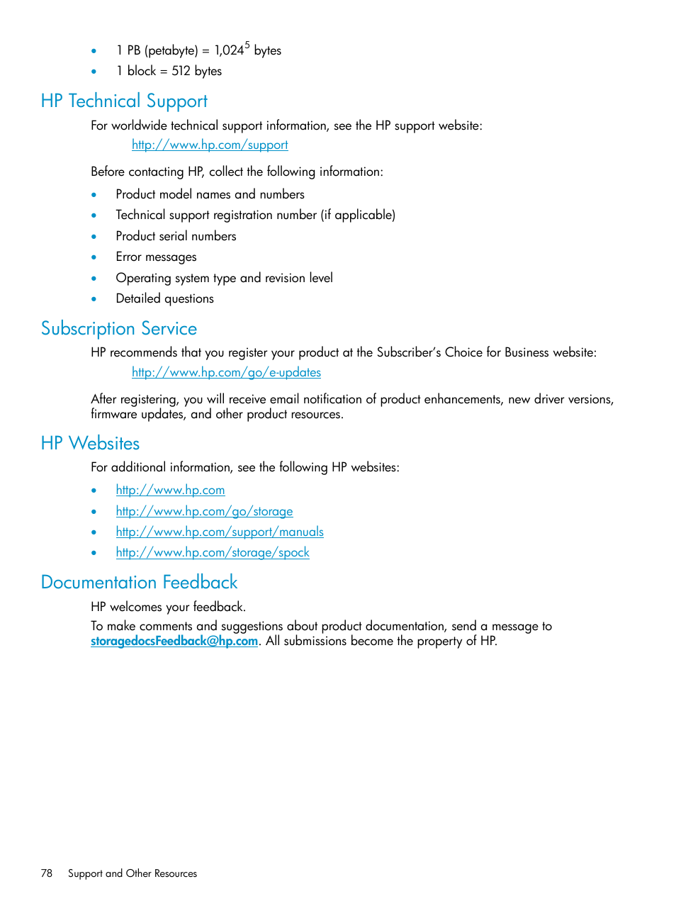 Hp technical support, Subscription service, Hp websites | Documentation feedback, Hp technical support subscription service | HP StorageWorks XP Remote Web Console Software User Manual | Page 78 / 80