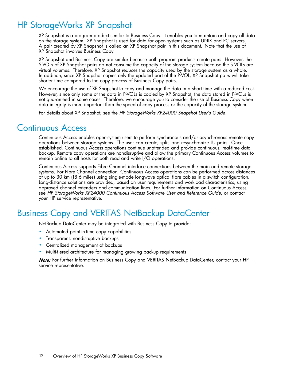Hp storageworks xp snapshot, Continuous access, Business copy and veritas netbackup datacenter | HP StorageWorks XP Remote Web Console Software User Manual | Page 12 / 96