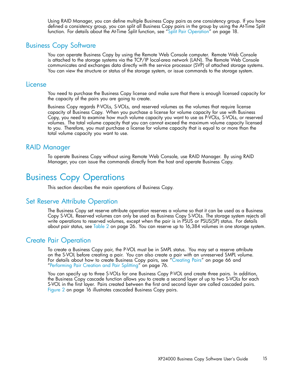 Business copy operations, Business copy software, License | Raid manager, Set reserve attribute operation, Create pair operation | HP StorageWorks XP Remote Web Console Software User Manual | Page 15 / 96