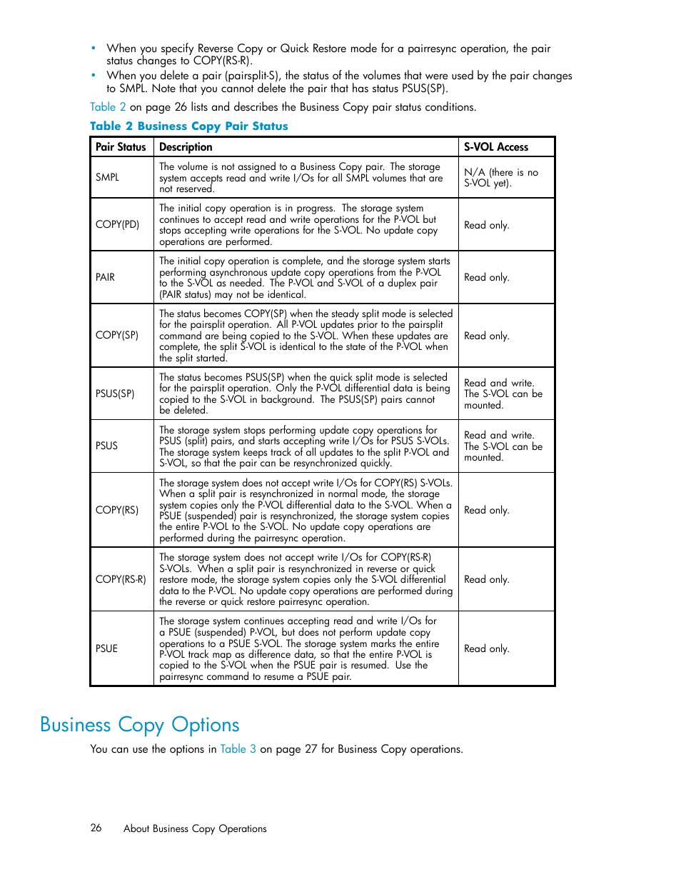 Business copy options, 2 business copy pair status, Table 2 | HP StorageWorks XP Remote Web Console Software User Manual | Page 26 / 96