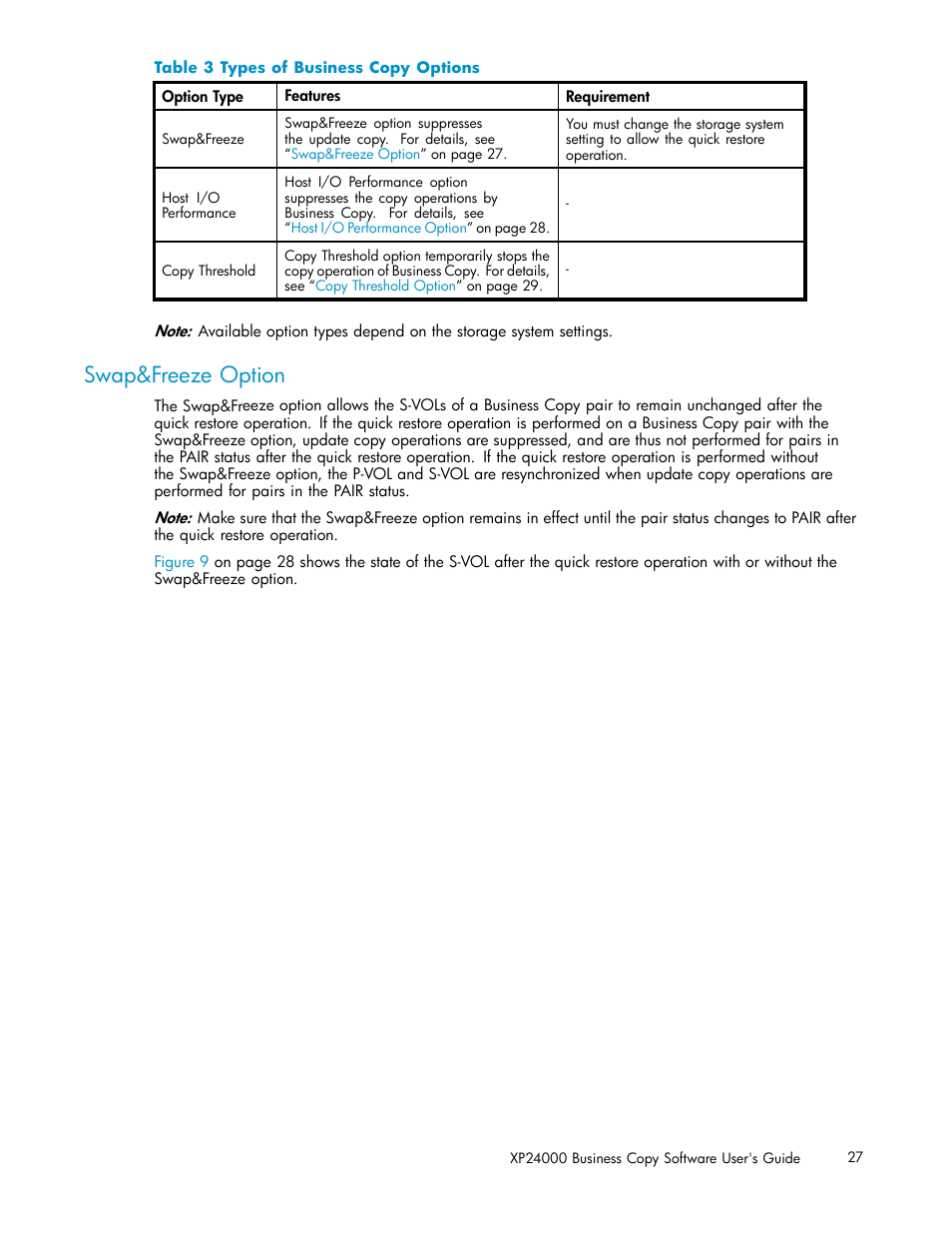 Swap&freeze option, 3 types of business copy options, Table 3 | HP StorageWorks XP Remote Web Console Software User Manual | Page 27 / 96