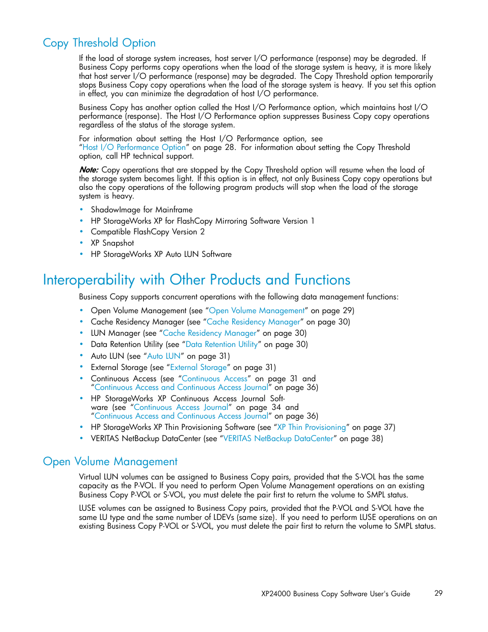 Interoperability with other products and functions, Copy threshold option, Open volume management | HP StorageWorks XP Remote Web Console Software User Manual | Page 29 / 96