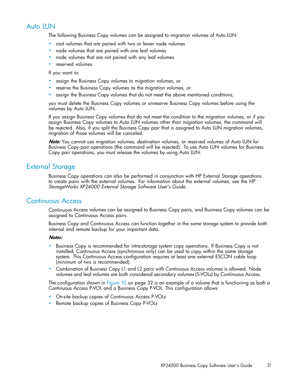 Auto lun, External storage, Continuous access | HP StorageWorks XP Remote Web Console Software User Manual | Page 31 / 96