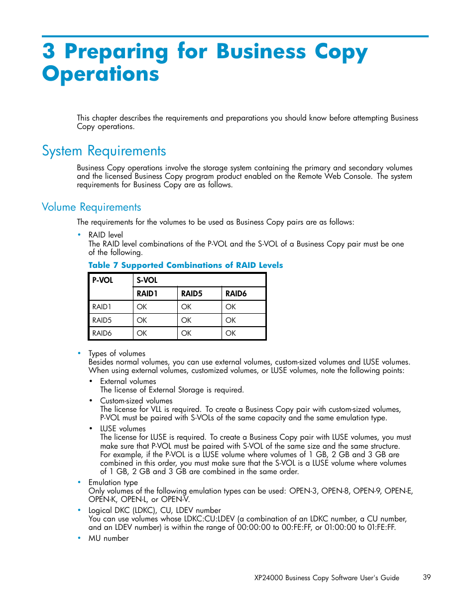 3 preparing for business copy operations, System requirements, Volume requirements | 7 supported combinations of raid levels | HP StorageWorks XP Remote Web Console Software User Manual | Page 39 / 96
