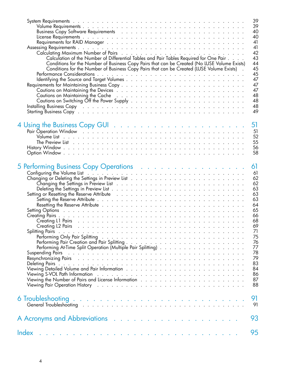 4 using the business copy gui, 5 performing business copy operations, 6 troubleshooting | A acronyms and abbreviations index | HP StorageWorks XP Remote Web Console Software User Manual | Page 4 / 96