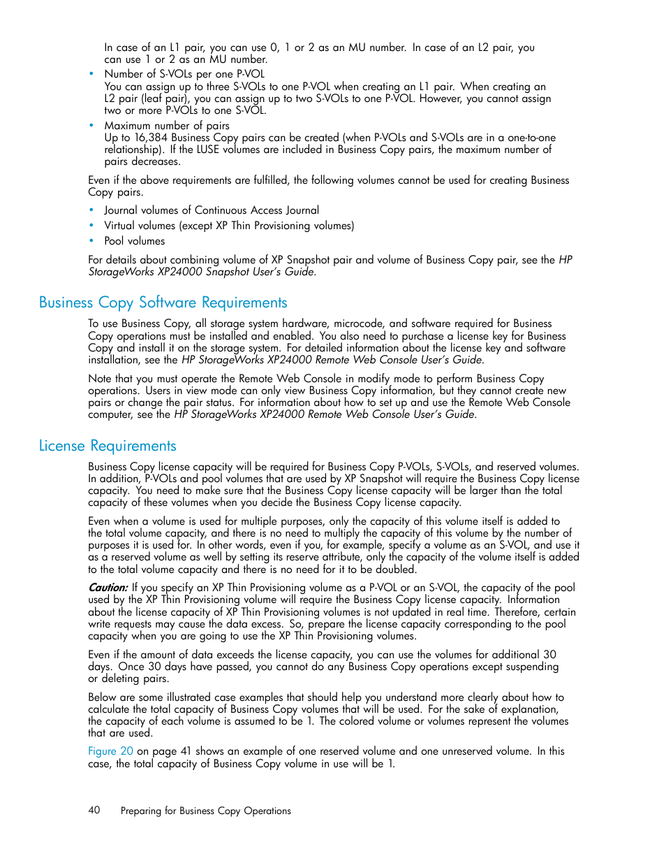 Business copy software requirements, License requirements | HP StorageWorks XP Remote Web Console Software User Manual | Page 40 / 96