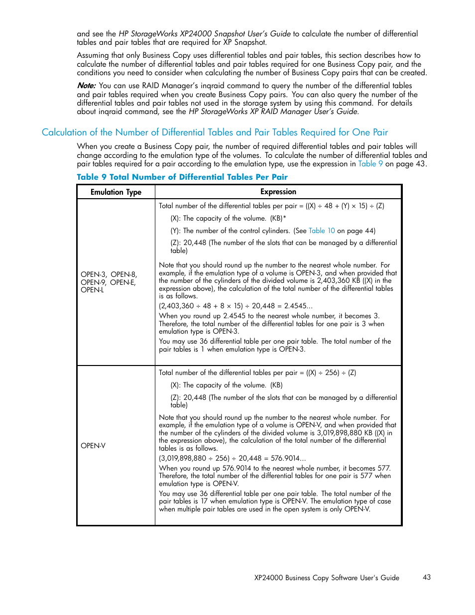 9 total number of differential tables per pair | HP StorageWorks XP Remote Web Console Software User Manual | Page 43 / 96
