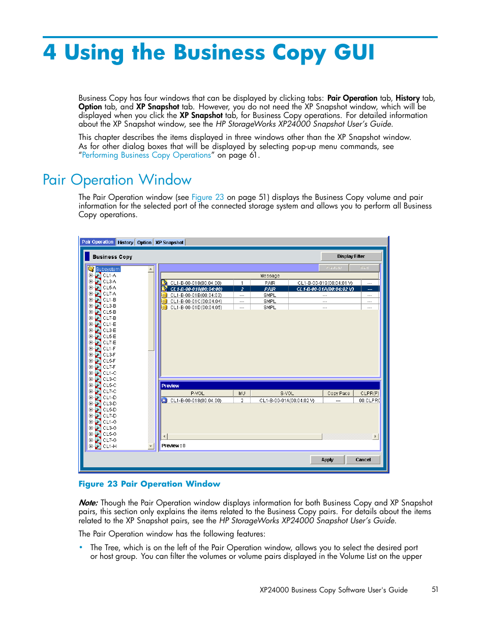 4 using the business copy gui, Pair operation window, 23 pair operation window | HP StorageWorks XP Remote Web Console Software User Manual | Page 51 / 96