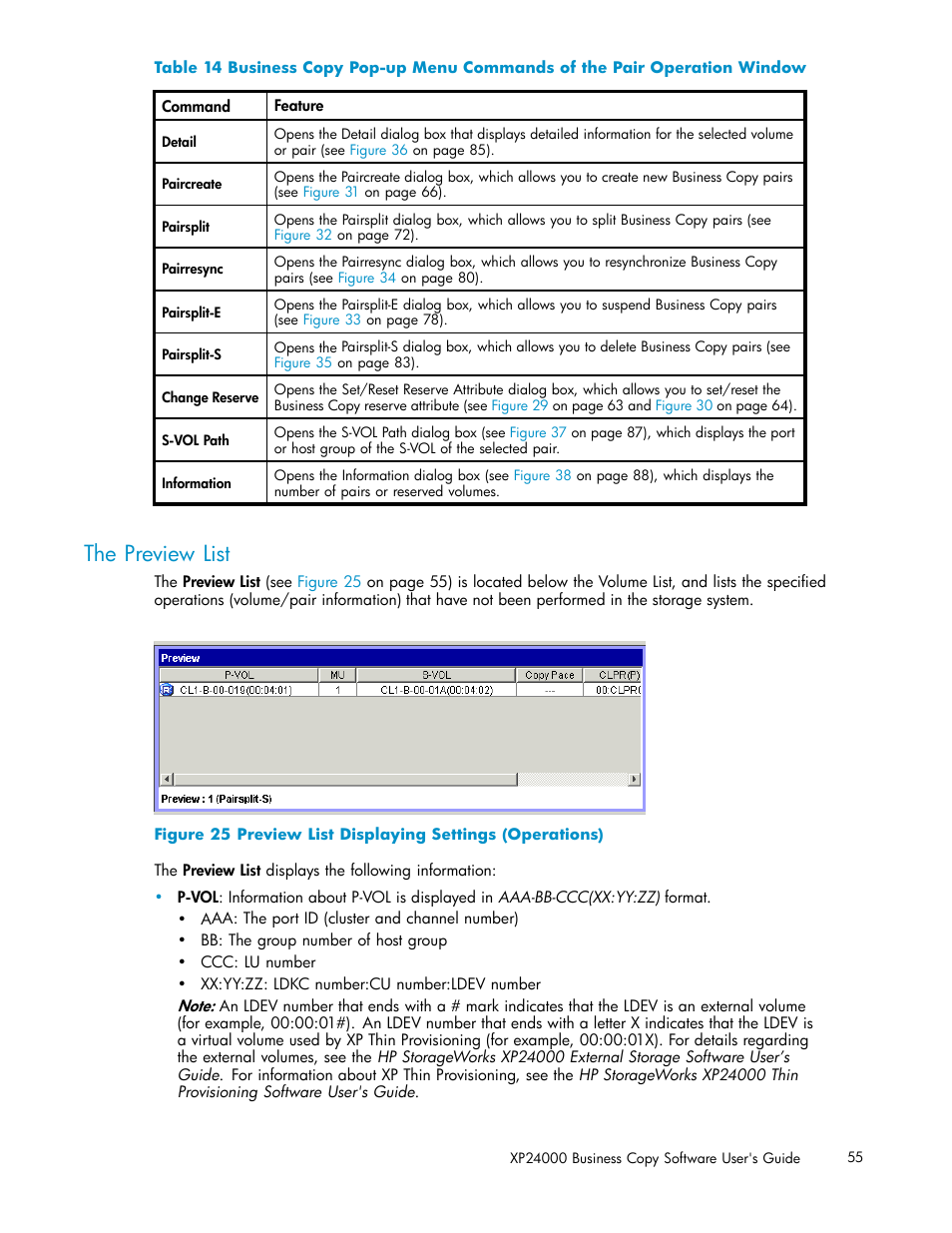 The preview list, 25 preview list displaying settings (operations) | HP StorageWorks XP Remote Web Console Software User Manual | Page 55 / 96
