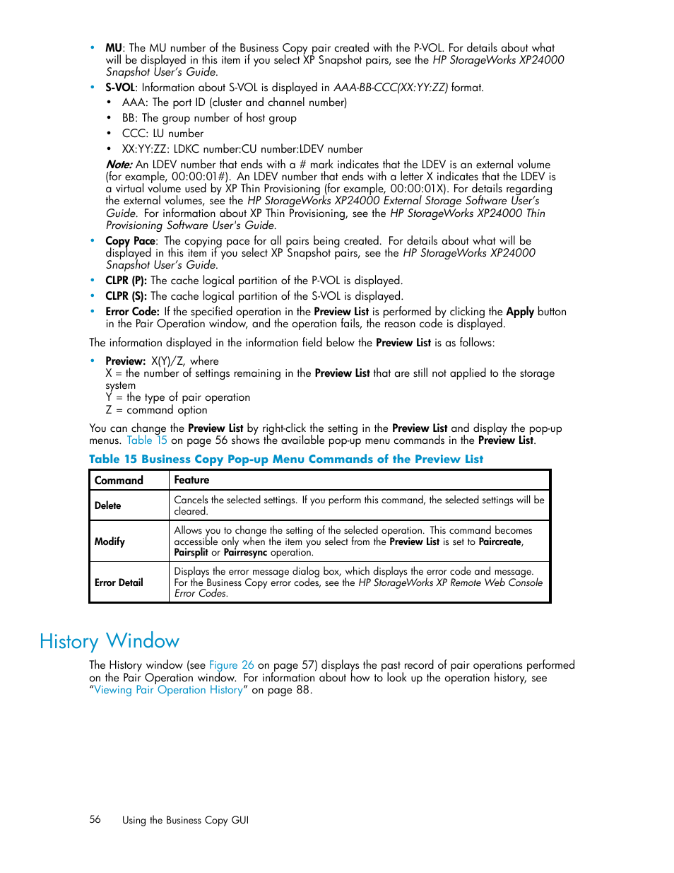 History window | HP StorageWorks XP Remote Web Console Software User Manual | Page 56 / 96
