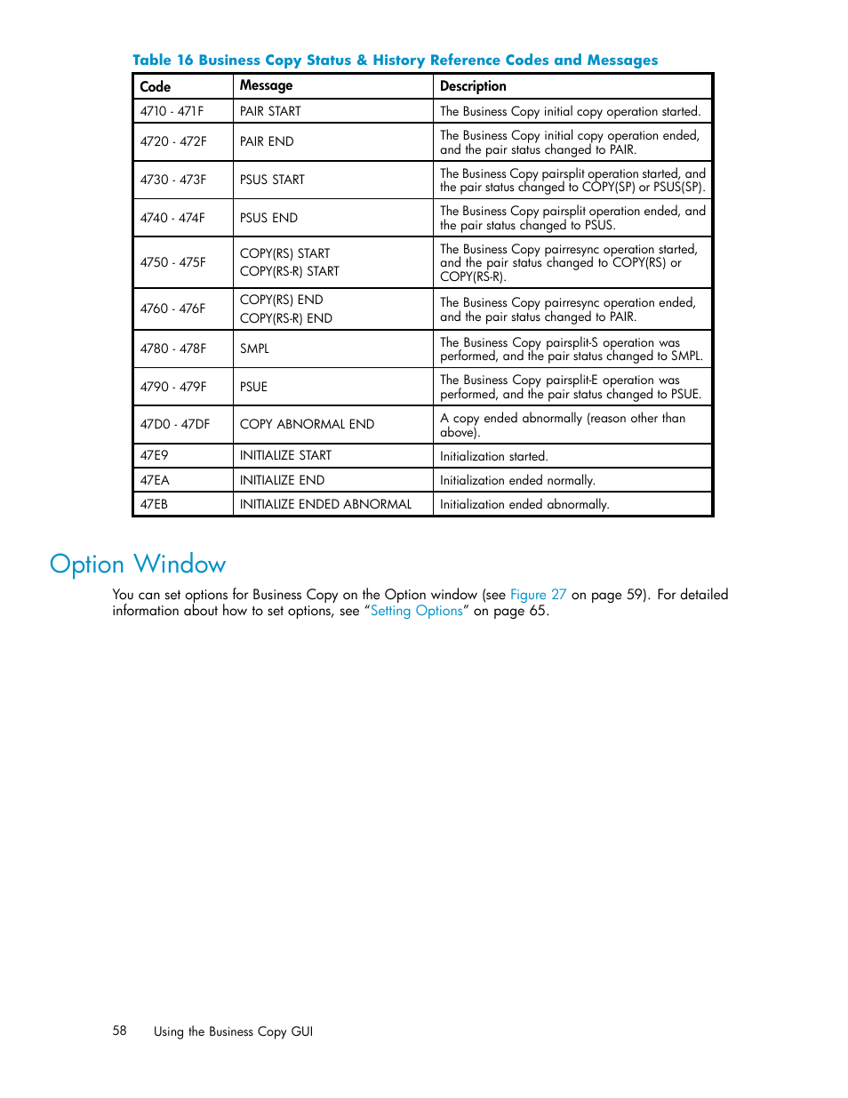 Option window | HP StorageWorks XP Remote Web Console Software User Manual | Page 58 / 96