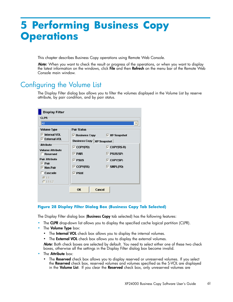 5 performing business copy operations, Conﬁguring the volume list, Performing business copy operations | Figure 28 | HP StorageWorks XP Remote Web Console Software User Manual | Page 61 / 96
