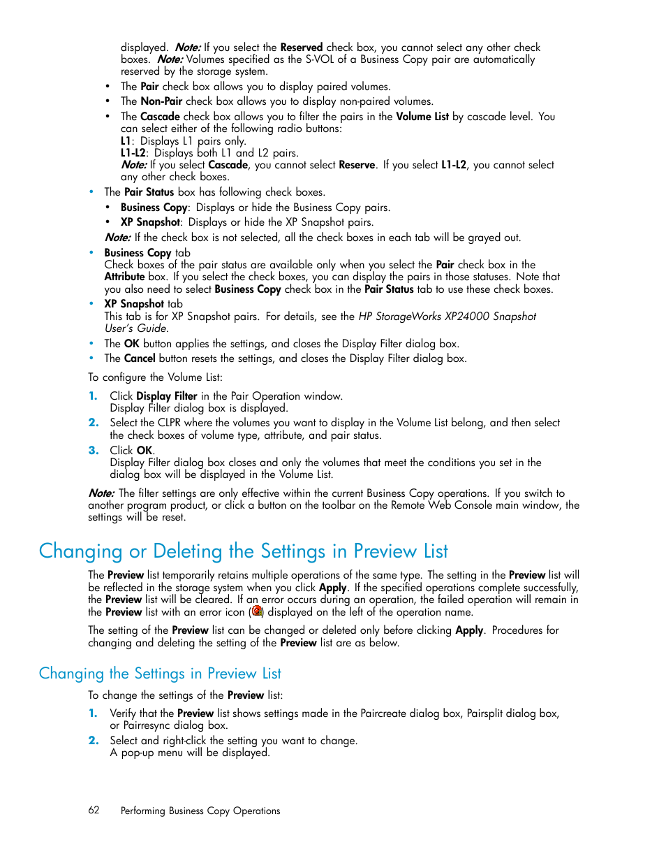 Changing or deleting the settings in preview list, Changing the settings in preview list | HP StorageWorks XP Remote Web Console Software User Manual | Page 62 / 96