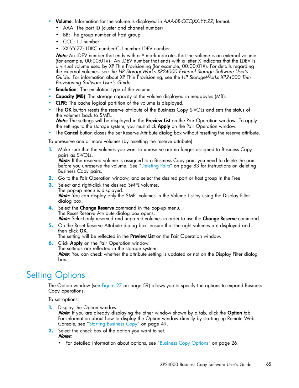 Setting options | HP StorageWorks XP Remote Web Console Software User Manual | Page 65 / 96