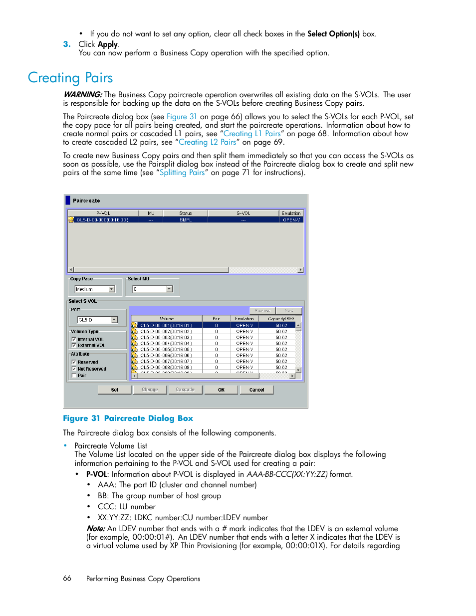 Creating pairs, 31 paircreate dialog box, Figure 31 | HP StorageWorks XP Remote Web Console Software User Manual | Page 66 / 96