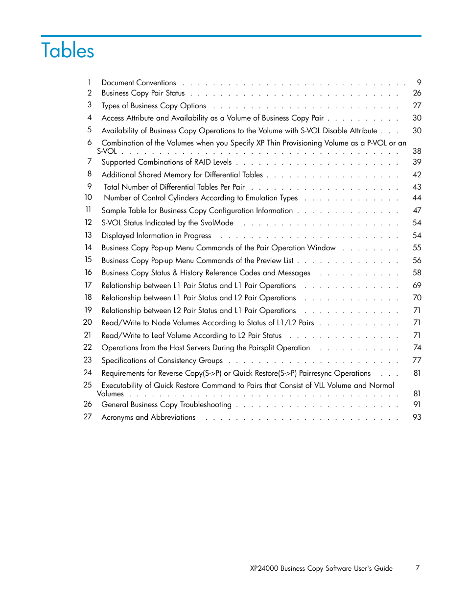 Tables | HP StorageWorks XP Remote Web Console Software User Manual | Page 7 / 96