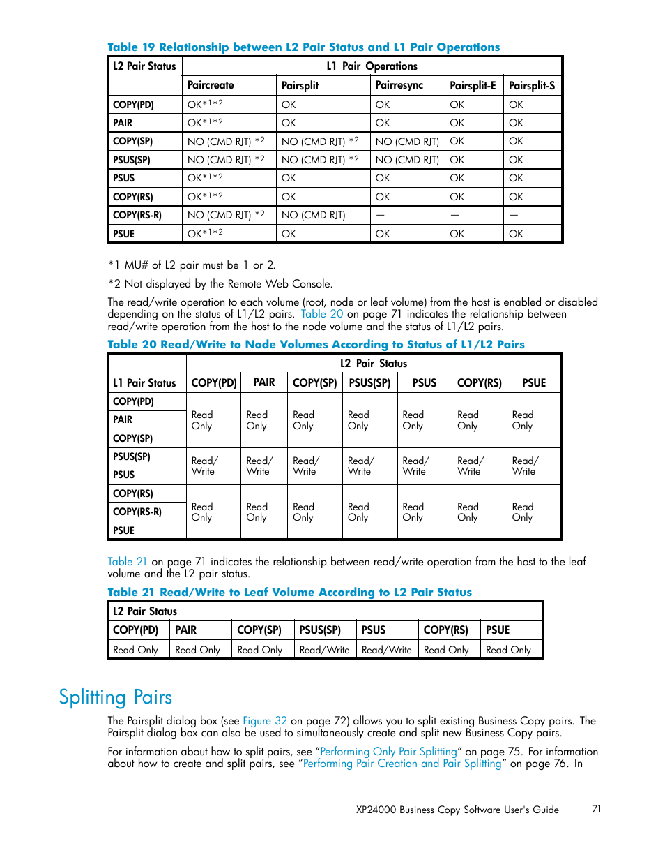 Splitting pairs, Table 19 | HP StorageWorks XP Remote Web Console Software User Manual | Page 71 / 96