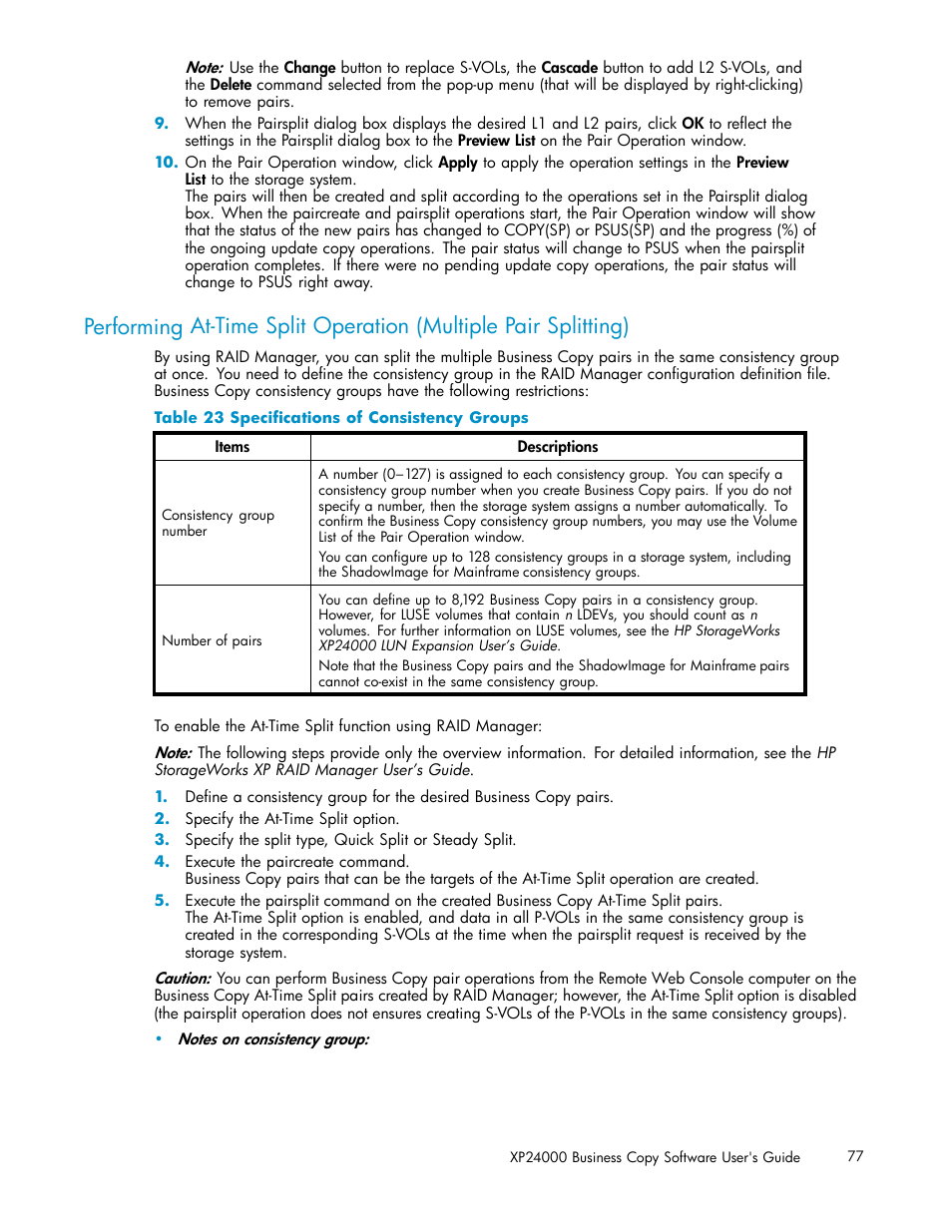 23 speciﬁcations of consistency groups | HP StorageWorks XP Remote Web Console Software User Manual | Page 77 / 96