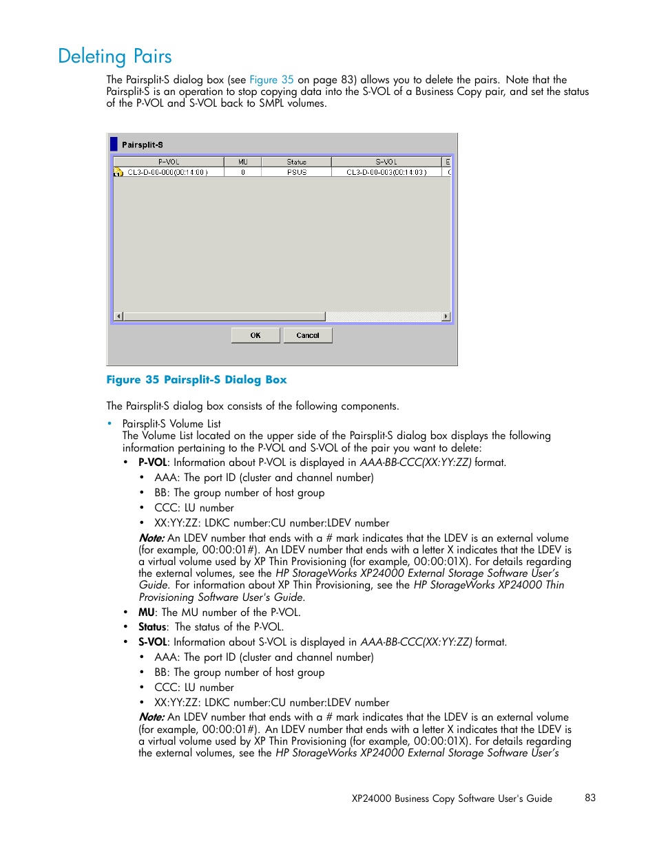 Deleting pairs, 35 pairsplit-s dialog box, Figure 35 | HP StorageWorks XP Remote Web Console Software User Manual | Page 83 / 96