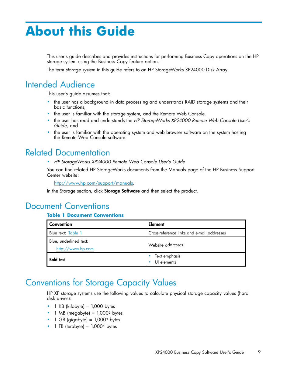 About this guide, Intended audience, Related documentation | Conventions for storage capacity values, Document conventions, 1 document conventions | HP StorageWorks XP Remote Web Console Software User Manual | Page 9 / 96