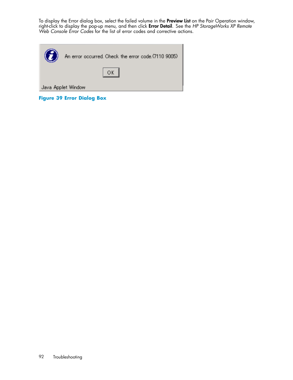 39 error dialog box, Figure 39 | HP StorageWorks XP Remote Web Console Software User Manual | Page 92 / 96
