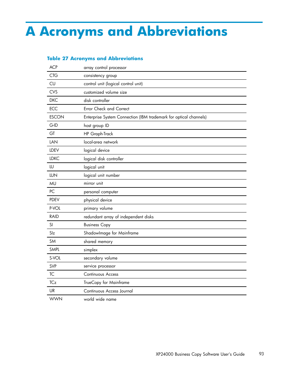 A acronyms and abbreviations, 27 acronyms and abbreviations | HP StorageWorks XP Remote Web Console Software User Manual | Page 93 / 96