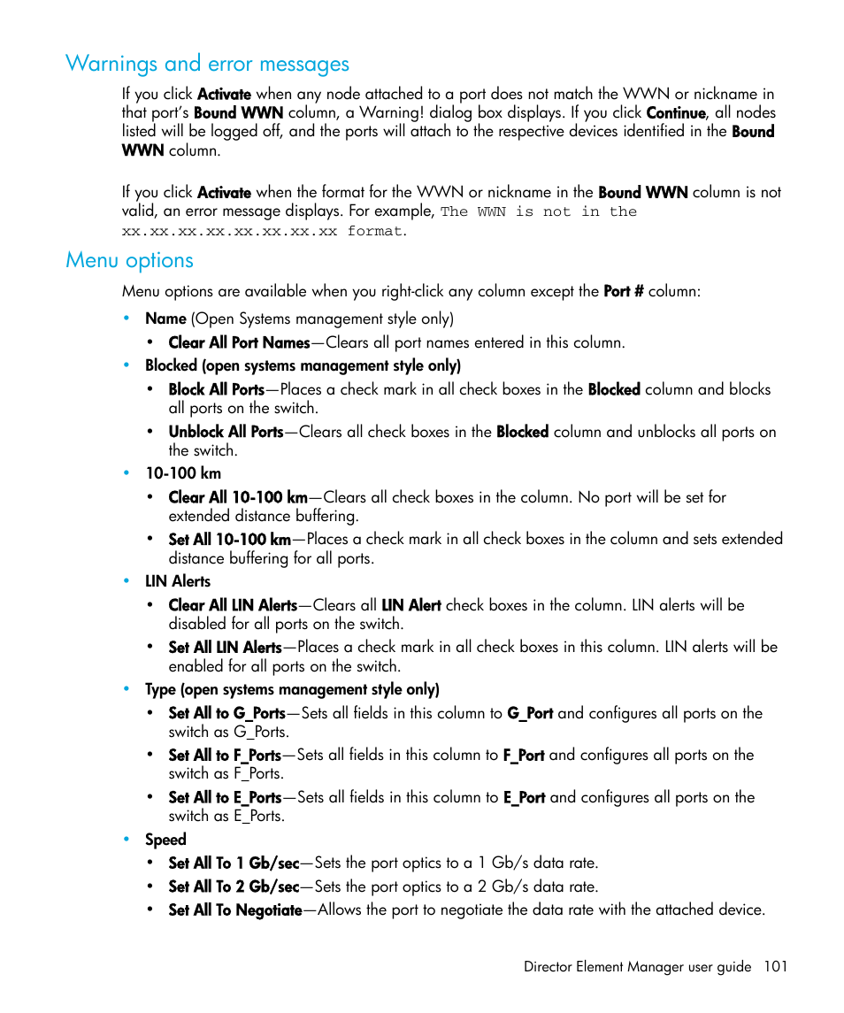 Warnings and error messages, Menu options | HP StorageWorks 2.64 Director Switch User Manual | Page 101 / 216