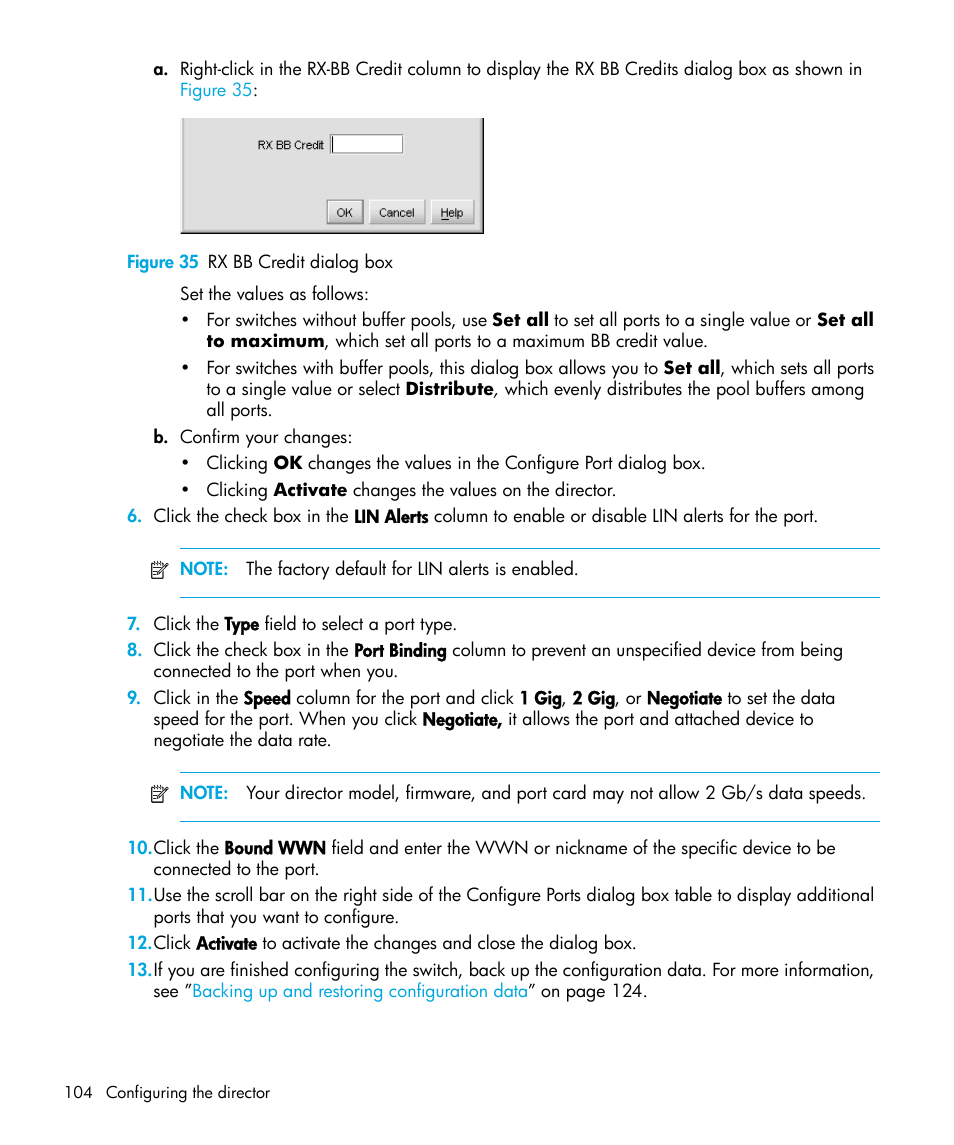 Figure 35 rx bb credit dialog box, 35 rx bb credit dialog box | HP StorageWorks 2.64 Director Switch User Manual | Page 104 / 216