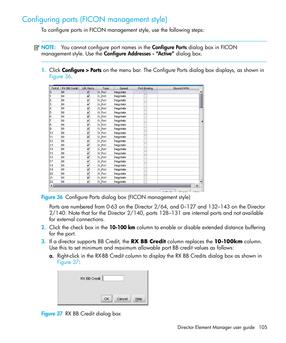 Configuring ports (ficon management style), Figure 37 rx bb credit dialog box, 37 rx bb credit dialog box | HP StorageWorks 2.64 Director Switch User Manual | Page 105 / 216