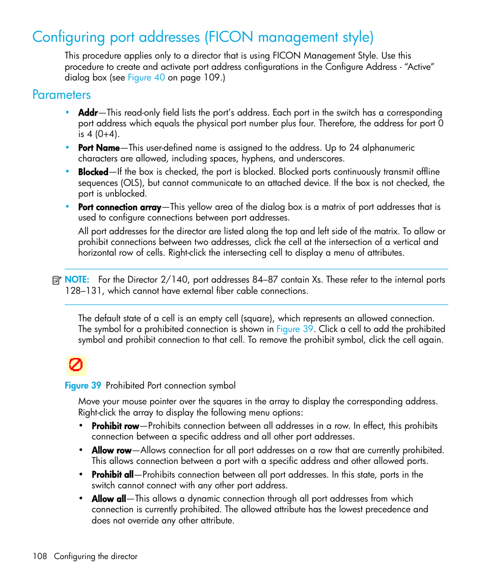 Parameters, Figure 39 prohibited port connection symbol, 39 prohibited port connection symbol | HP StorageWorks 2.64 Director Switch User Manual | Page 108 / 216