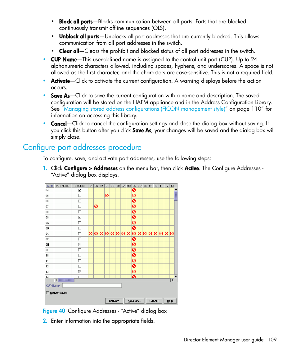 Configure port addresses procedure, 40 configure addresses - “active” dialog box, Figure 40 | HP StorageWorks 2.64 Director Switch User Manual | Page 109 / 216