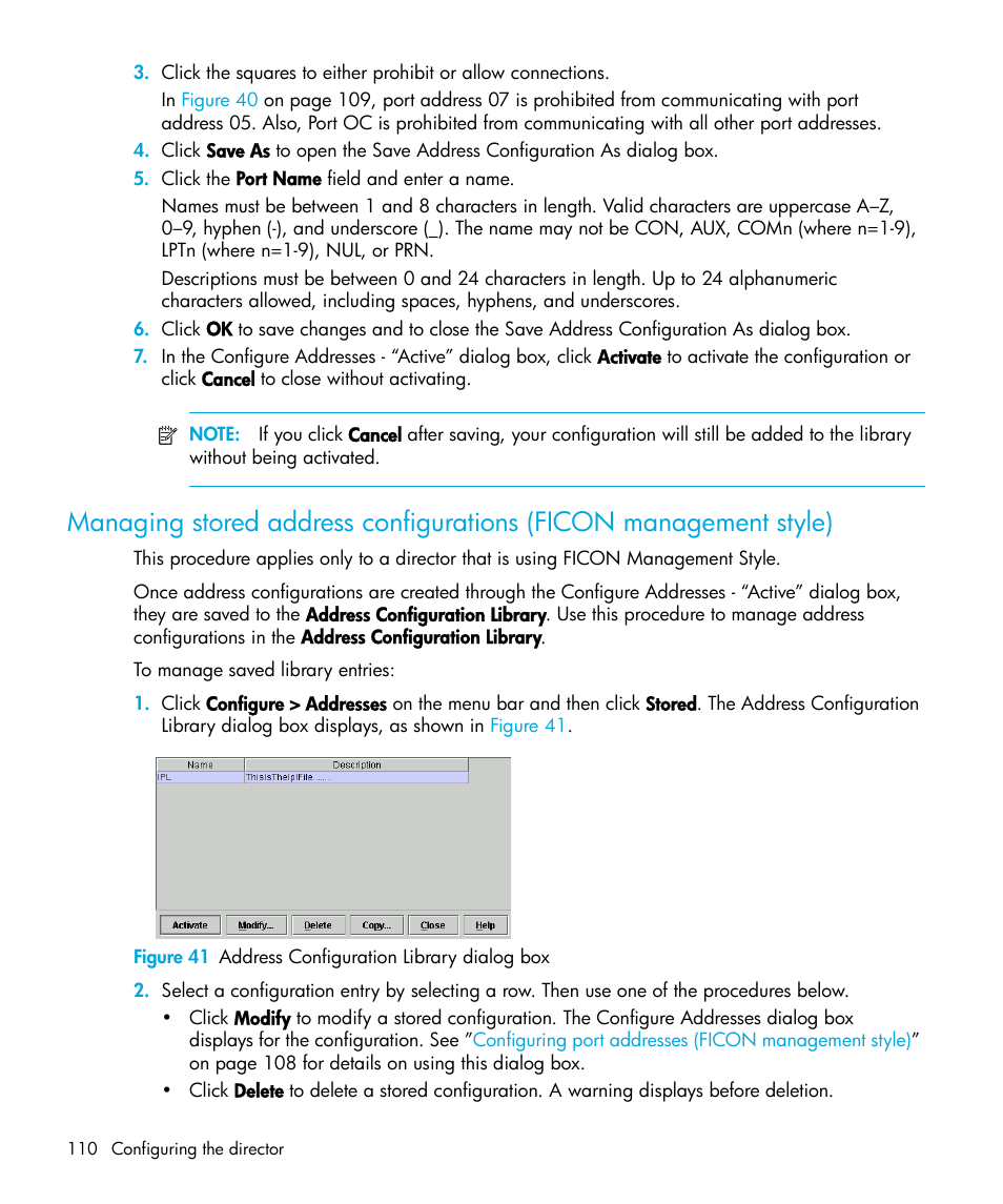 Figure 41 address configuration library dialog box, 41 address configuration library dialog box | HP StorageWorks 2.64 Director Switch User Manual | Page 110 / 216