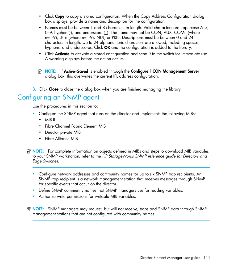 Configuring an snmp agent | HP StorageWorks 2.64 Director Switch User Manual | Page 111 / 216