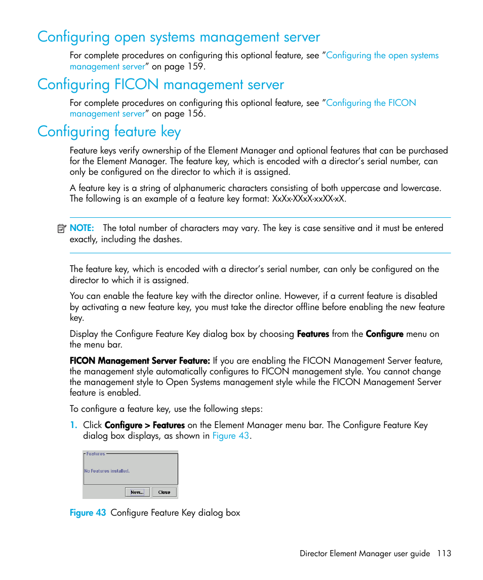 Configuring open systems management server, Configuring ficon management server, Configuring feature key | Figure 43 configure feature key dialog box, 43 configure feature key dialog box, Configuring feature | HP StorageWorks 2.64 Director Switch User Manual | Page 113 / 216
