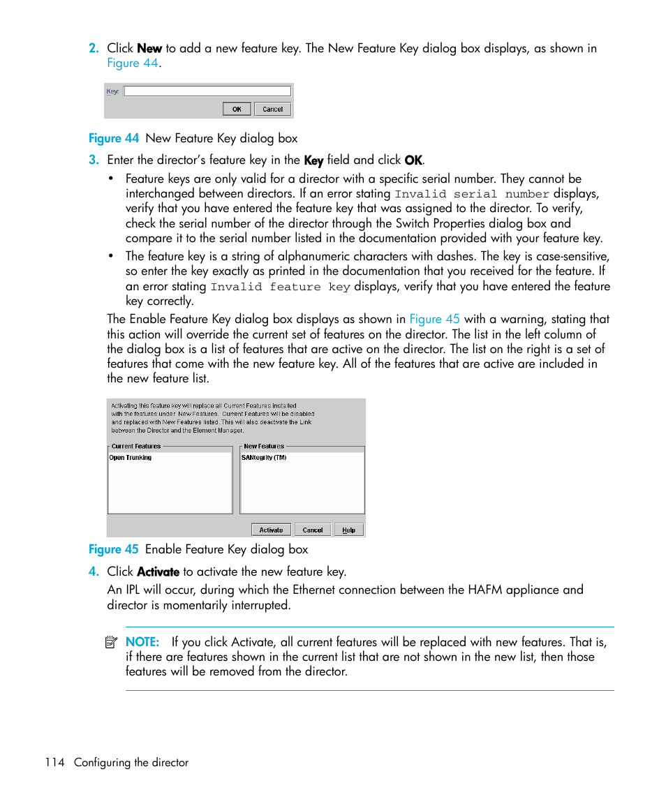 Figure 44 new feature key dialog box, Figure 45 enable feature key dialog box, 44 new feature key dialog box | 45 enable feature key dialog box | HP StorageWorks 2.64 Director Switch User Manual | Page 114 / 216