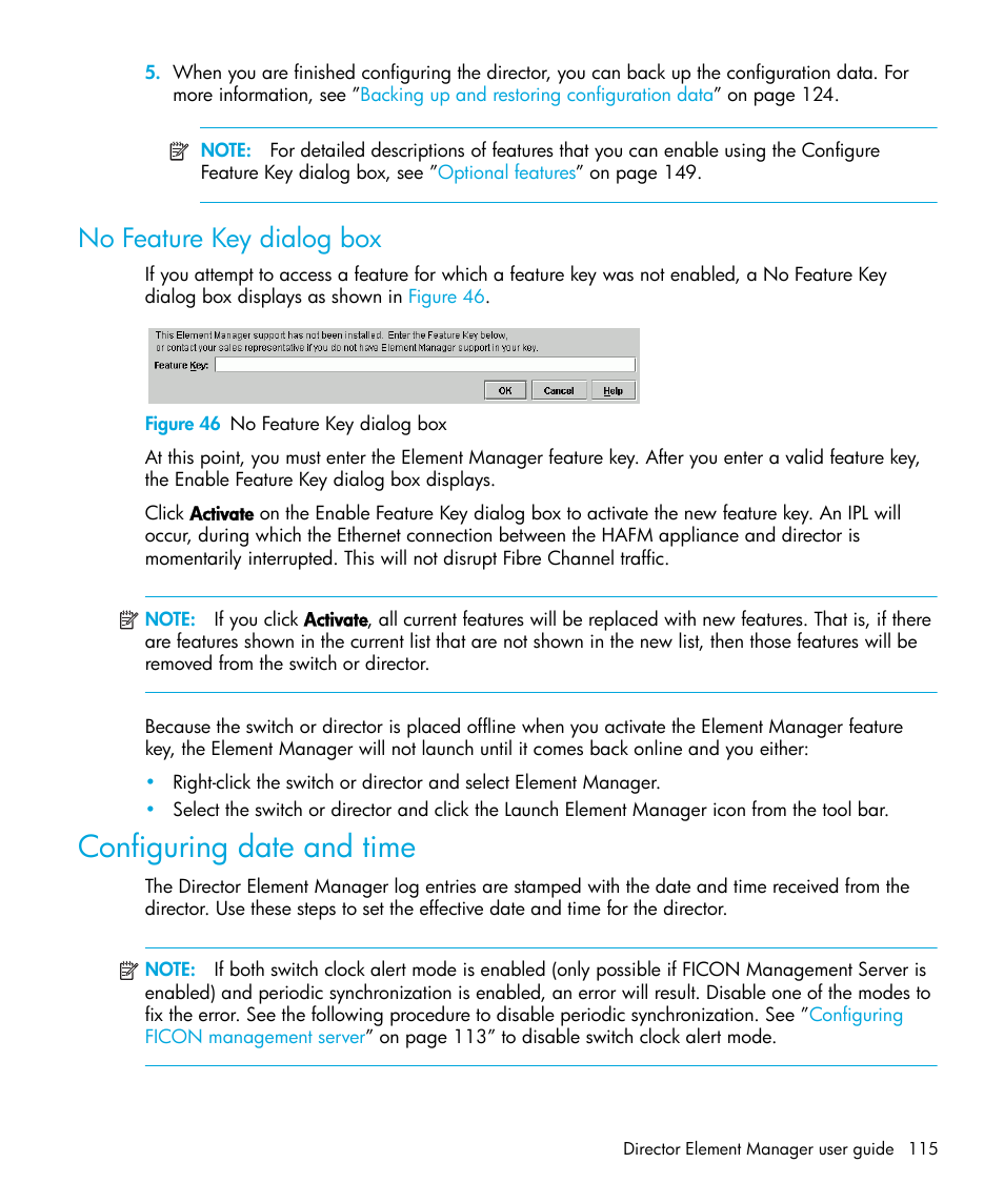 No feature key dialog box, Figure 46 no feature key dialog box, Configuring date and time | 46 no feature key dialog box | HP StorageWorks 2.64 Director Switch User Manual | Page 115 / 216