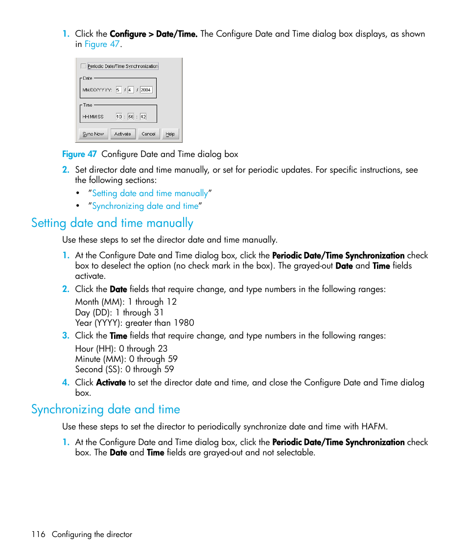 Figure 47 configure date and time dialog box, Setting date and time manually, Synchronizing date and time | 47 configure date and time dialog box | HP StorageWorks 2.64 Director Switch User Manual | Page 116 / 216