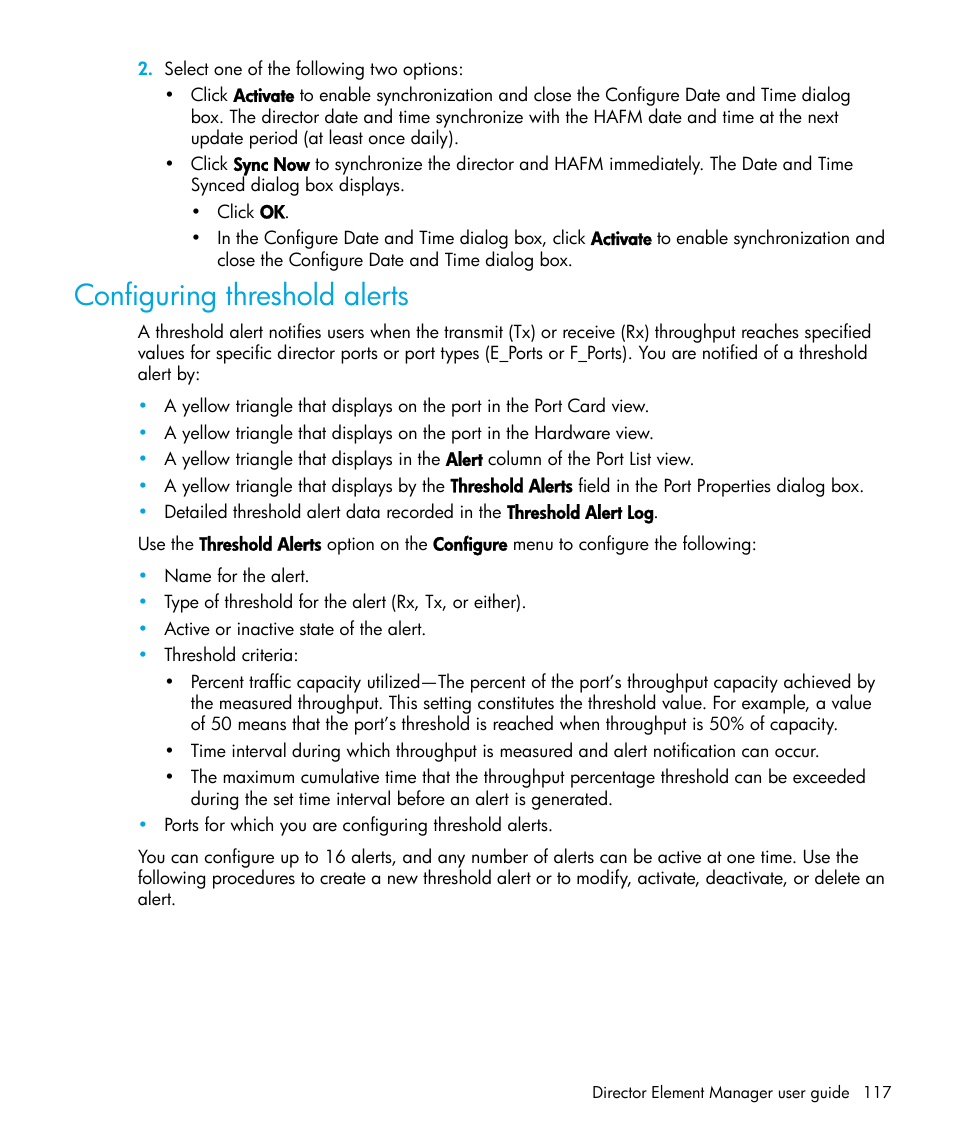 Configuring threshold alerts | HP StorageWorks 2.64 Director Switch User Manual | Page 117 / 216