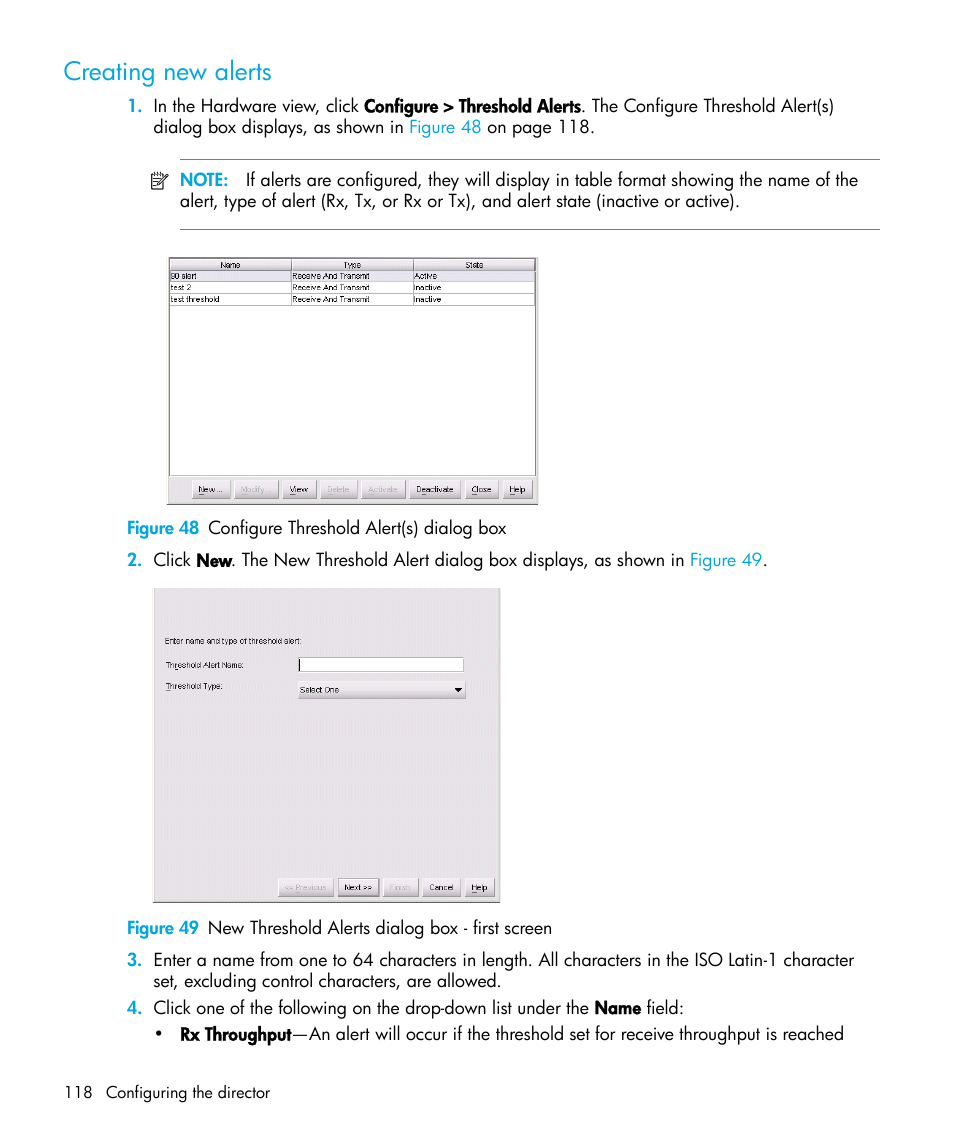 Creating new alerts, Figure 48 configure threshold alert(s) dialog box, 48 configure threshold alert(s) dialog box | 49 new threshold alerts dialog box - first screen | HP StorageWorks 2.64 Director Switch User Manual | Page 118 / 216
