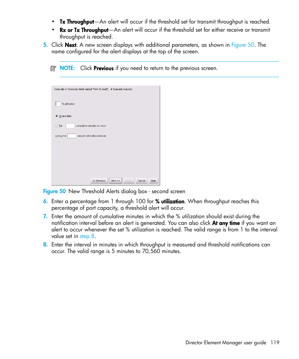 50 new threshold alerts dialog box - second screen | HP StorageWorks 2.64 Director Switch User Manual | Page 119 / 216